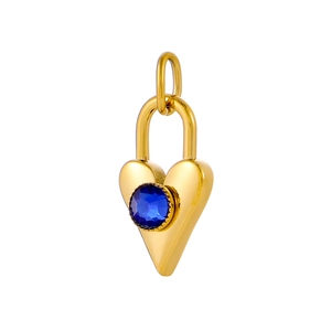 Macro shot of gold heart lock pendant with a sparkling blue round zircon center stone