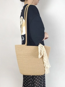 Minimalist khaki cotton rope woven tote bag with lace scarf for beach vacation style