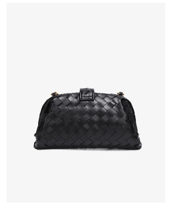 Black woven leather clutch bag with metal clasp, elegant high-end fashion accessory.