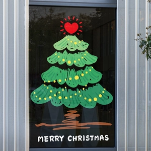 Large static Christmas tree window decal with hand-drawn style and Merry Christmas text