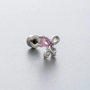 Titanium steel bow stud earring with pink teardrop zircon and silver finish