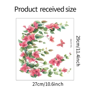 Detailed size chart for floral watercolor bathroom wall stickers featuring pink bougainvillea