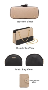 Detail view of multi-piece bag set with cross-grain leather and golden chain hardware