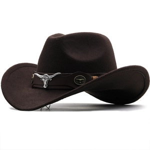 Detail of leather band with silver bull head metal ornaments on brown cowboy hat