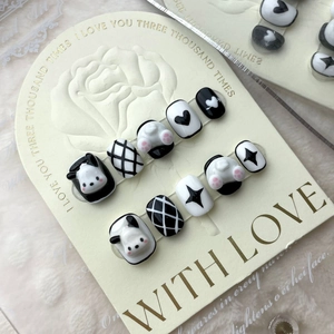 Handgefertigte Press On Nägel 3D Cartoon Panda Katzenpfote Design Schwarz Weiß Herz Stern Muster Wiederverwendbare Falsche Nägel