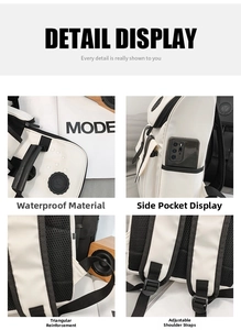 Detail view of reinforced straps, waterproof fabric, and side pockets on the backpack