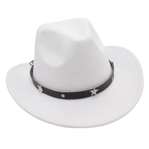 Detailed close-up of white felt cowboy hat with silver star studs on black leather band