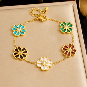 Gold-plated stainless steel chain bracelet with five colorful floral pendants and zircon