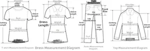 Guida alle taglie con icone lineari per magliette, vestiti, pantaloni e camicie da donna
