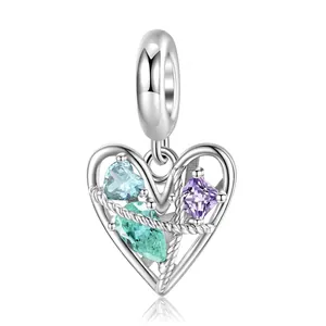 925 Sterling Silver Heart Charm Colorful Zircon Inlaid Hollow Heart Pendant For Bracelet Jewelry Making Women Sweet Style