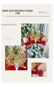 Close-up of reindeer antler hair clips with gold glitter leaves and red velvet bows
