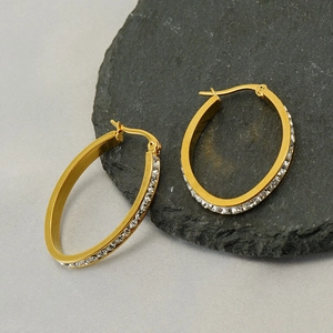 18k gold plated titanium steel oval hoop earrings with sparkling micro-inlaid diamonds