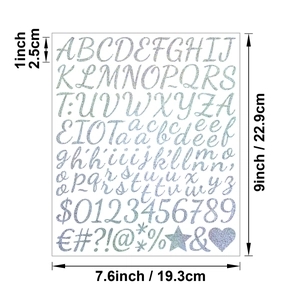 Detailed size guide of holographic glitter 1-inch alphabet and number stickers