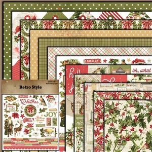 Macro detail of retro Christmas junk journal paper with reindeer and holly floral patterns