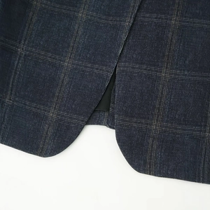 Deep blue classic plaid blazer for women featuring a rounded hem and fine woven fabric