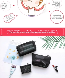 Three-piece black nylon mesh storage bag set for travel cosmetics and accessories
