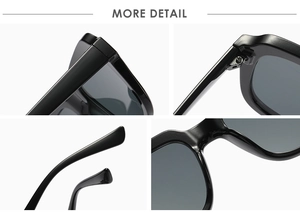 Detailed views of hinges, frame texture, temples and nose pads of black square sunglasses