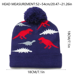 Size chart for kids dinosaur knit beanie showing head circumference 52-54cm and dimensions