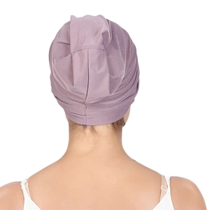 Detailed back view of pleated lavender chemo headwrap with soft elastic knit fabric