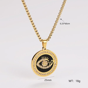 Golden evil eye necklace detail with 25mm pendant size and 60cm chain specifications
