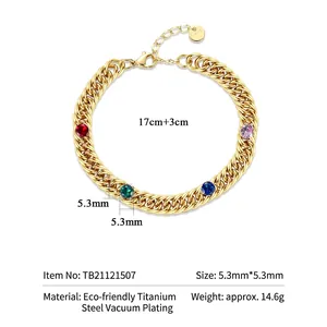 Titanium steel chain bracelet with multi-color 5.3mm cubic zirconia gems, 17+3cm length