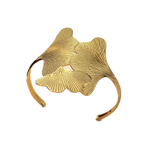 Minimalist ginkgo leaf open cuff bracelet in 18K gold plated stainless steel
