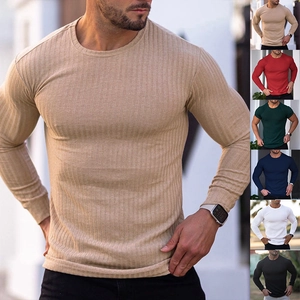 Men's Long Sleeve Ribbed T-Shirt Slim Fit Elastic Crew Neck Muscle Knit Top Casual Fitness Base Layer Sportswear