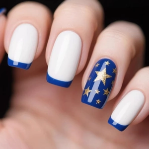 French Blue White Star Press On Nails Medium Square Glossy ABS Plastic Fake Nails For Women Daily Fashion Nail Art Decoration