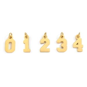 Polished 316L stainless steel number charms 0-4 in gold finish for DIY jewelry