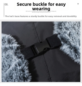 Close-up of windproof winter hat featuring thick faux fur lining and durable black buckle