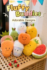 Group of various fruit-shaped plush toys like carrot and watermelon on wooden bench