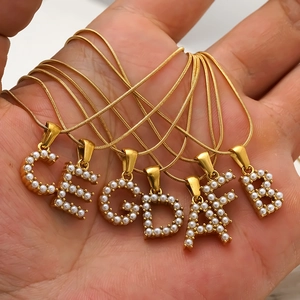 Elegant Initial Letter Pendant Necklace Titanium Stainless Steel Gold Plated Faux Artificial Pearl Snake Bone Chain Jewelry For Women