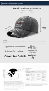 Detailed size guide for vintage washed baseball cap showing 56-60cm head circumference