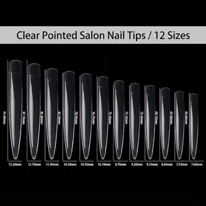 Tabella taglie per 12 unghie finte stiletto extra lunghe trasparenti su sfondo nero professionale