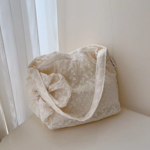 French retro beige lace embroidered cotton tote bag with floral patterns and woven label