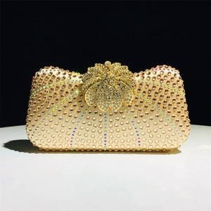 Elegant champagne evening bag with rhinestones and floral crystal clasp for formal events