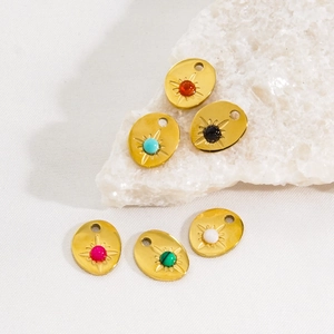Set of 6 gold plated stainless steel starburst oval pendants with colorful natural stones