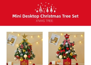 Close-up of mini Christmas trees with warm LED lights and assorted festive ornaments