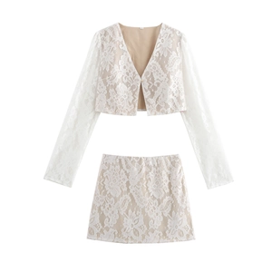 Women Elegant Floral Lace Cardigan And Mini Skirt Long Sleeve V Neck Button Front Outfits White
