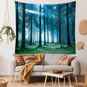 Detailed view of forest landscape tapestry with morning sunlight in a cozy living room
