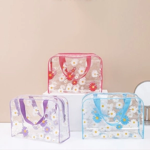 Transparent Makeup Bag PVC Waterproof Toiletry Organizer Portable Large Capacity Travel Pouch Floral Daisy Pattern For Women