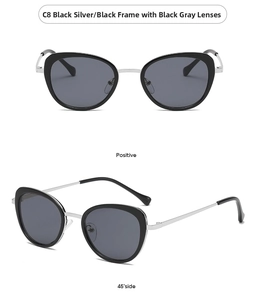 Front and 45-degree side view of black and silver cat-eye sunglasses with dark lenses