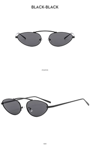 Front and side views of stylish black cat eye sunglasses with metal frame bridge