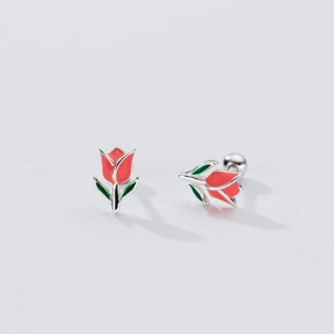 Elegant S925 sterling silver tulip stud earrings with red and green enamel finish