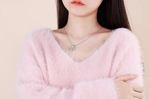 Detailed view of silver stainless steel necklace with a round Pisces zodiac sign pendant