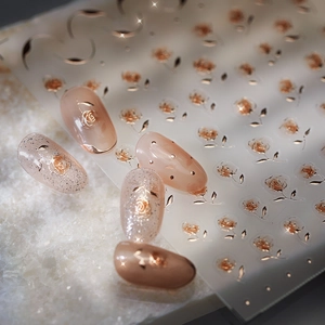 Nail Art Stickers 3D Relief Metallic Rose Gold Floral Design Embossed Flower Geometric Line Adhesive DIY Manicure