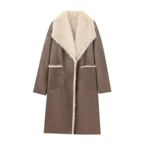 Women winter reversible long coat in brown faux suede with beige fur collar and pockets