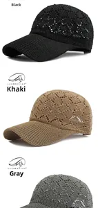 Three-color display of hollow knit baseball caps in black, khaki, and grey breathable fabric
