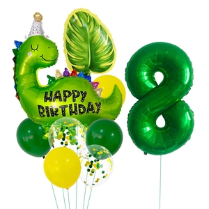 Détail du ballon chiffre 8 vert de 32 pouces avec dinosaure et kit de ballons fête
