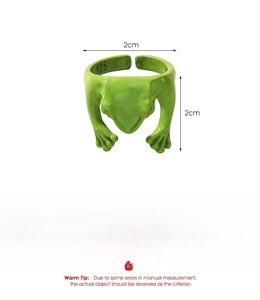 Detail view of funny green frog open ring showing size 2cm and S925 engraved stamp
